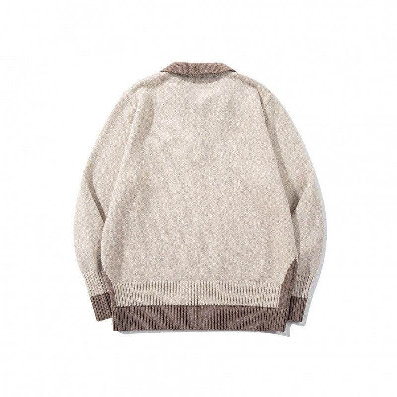 Men's Oversized Fine Knit Polo with Contrast Trim Shirt Collar and Ribbed Cuffs Chichicherry