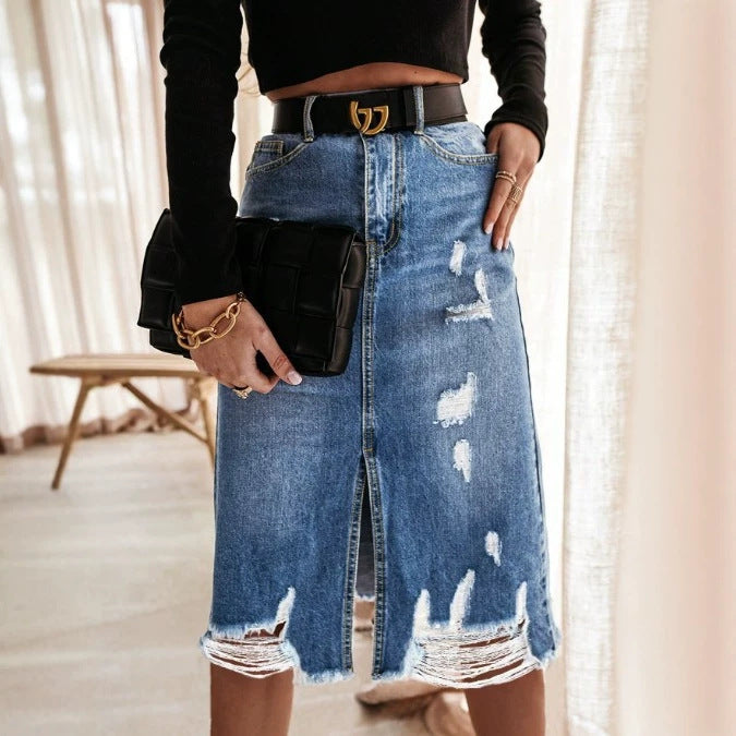 Women's High-Waisted Destroyed Denim Midi Skirt with Center Front Slit and Frayed Hem Chichicherry