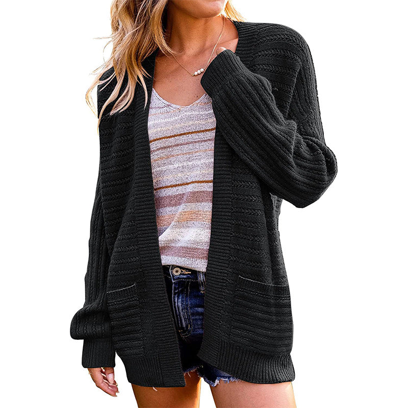 Women Oversize Knit Cardigan with Patch Pockets and Ribbed Structure Chichicherry