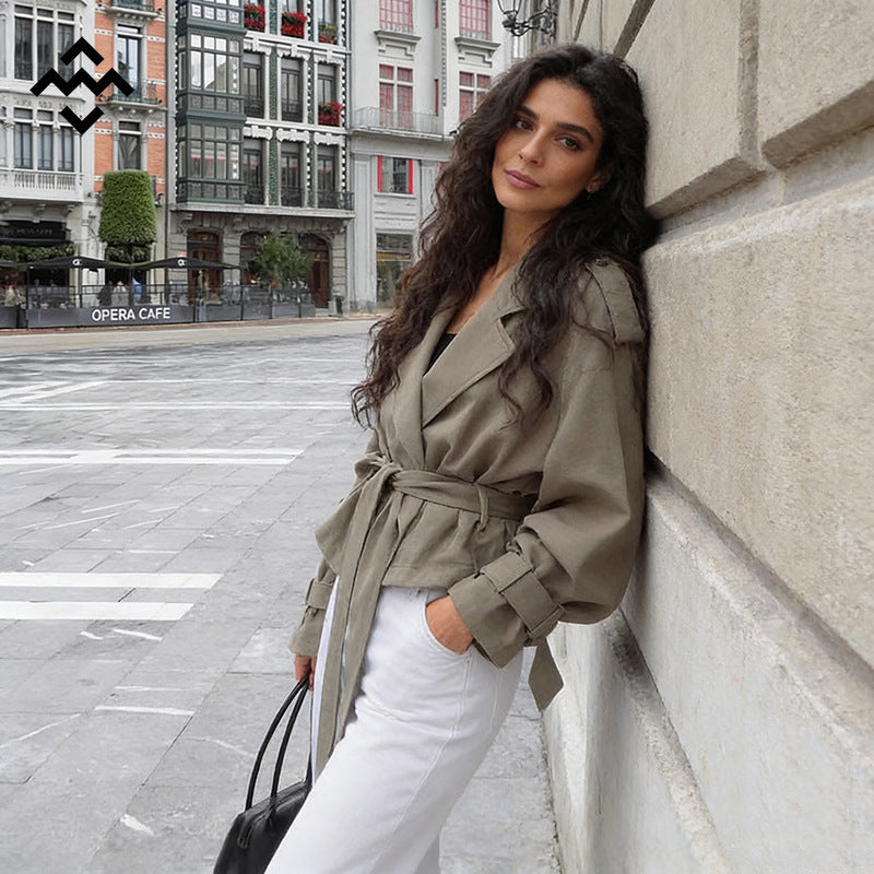 Women Lightweight Short Trench Coat with Wide Lapels, Long Ties and Adjustable Cuffs Chichicherry