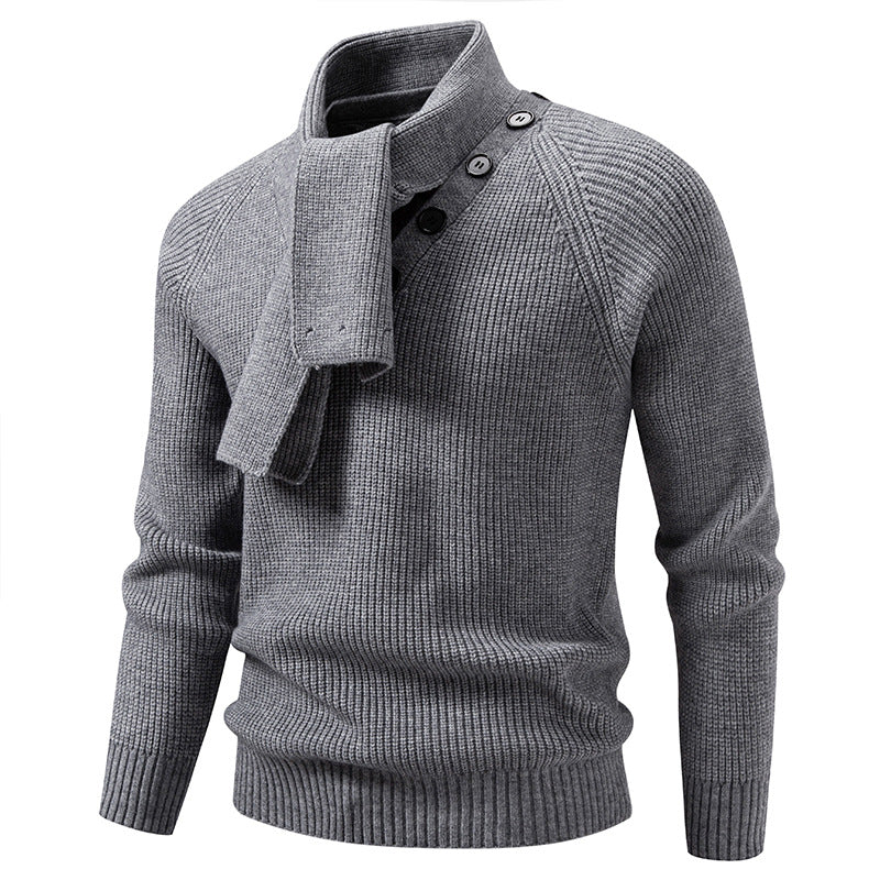 Men's knitted sweater with integrated funnel collar scarf and button detail Chichicherry