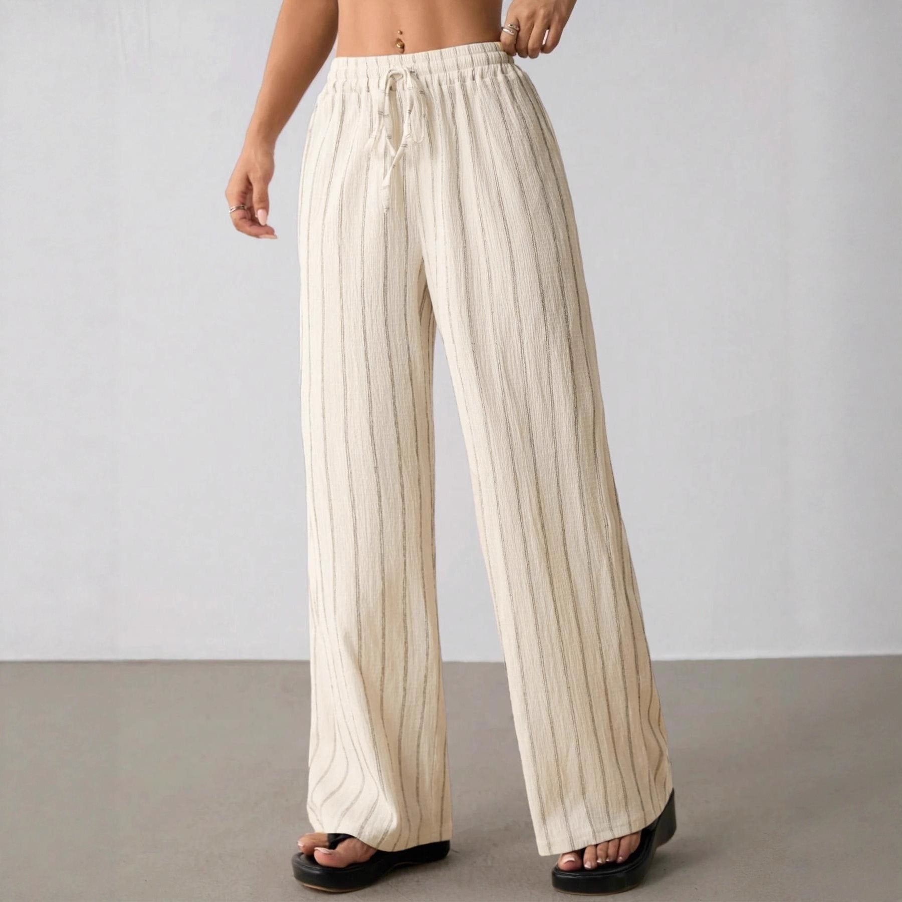 Women's Wide Knit Pants with High Waist and Drawstring Chichicherry
