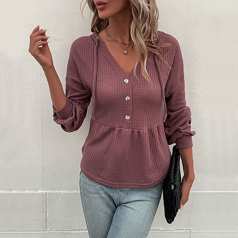 Women's Waffle Knit Hoodie Blouse with V-Neck, Button Placket and Gathered Waist Band