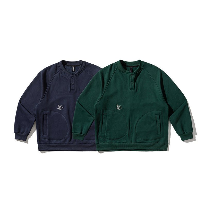 Men's Oversized Sweatshirt with Henley Button Placket, Raglan Sleeves and Round Front Pockets Chichicherry