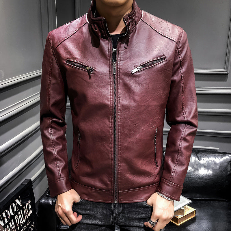 Men's Slim-Fit Faux Leather Racer Jacket with Stand Collar and Zip Chest Pockets Chichicherry