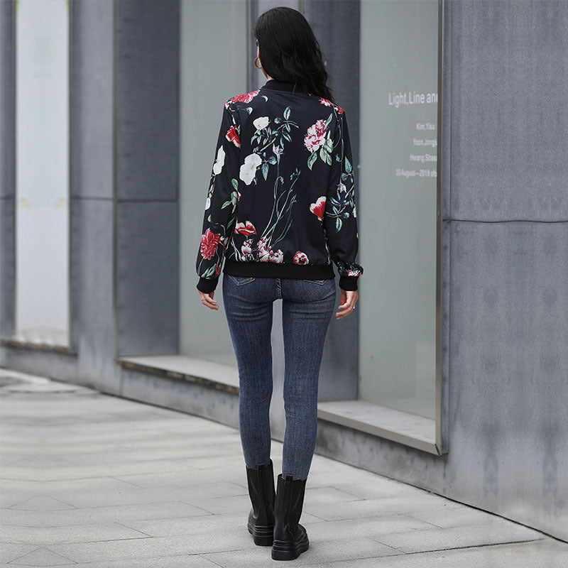 Women's floral bomber jacket with zipper, ribbed cuffs, and side pockets Chichicherry
