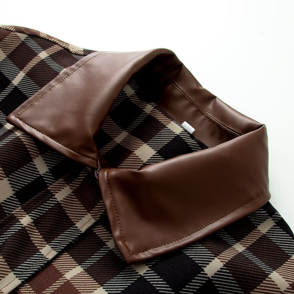 Women Checked Jacket with Faux Leather Collar, Drawstring Waist and Flap Pockets Chichicherry