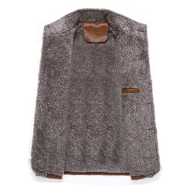 Men's Textured Faux Leather Midlayer Jacket with Teddy Fleece Lining, Stand Collar and Shoulder Patches Chichicherry