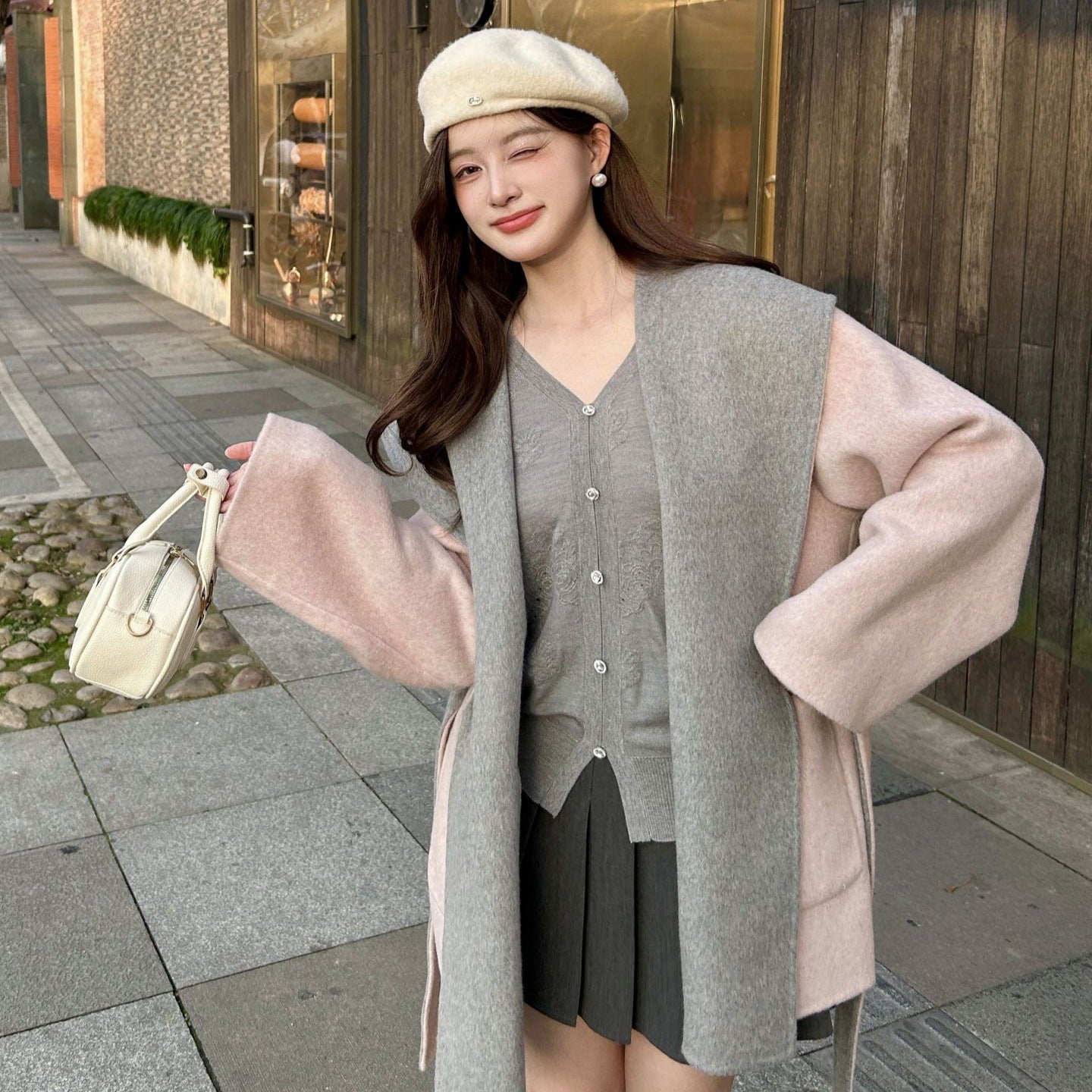 Women Short Wool Coat with Tie Belt and Oversized Shawl Collar Chichicherry
