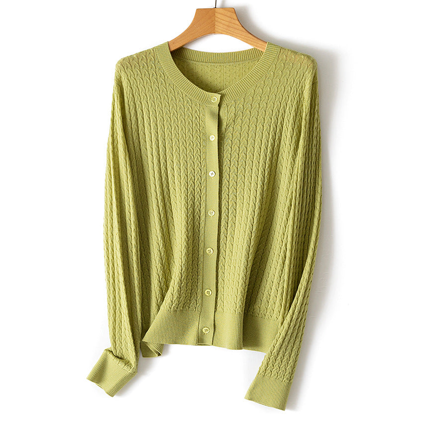 Women's Fine Knit Cardigan with Cable Pattern, Crew Neck and Button Placket Chichicherry