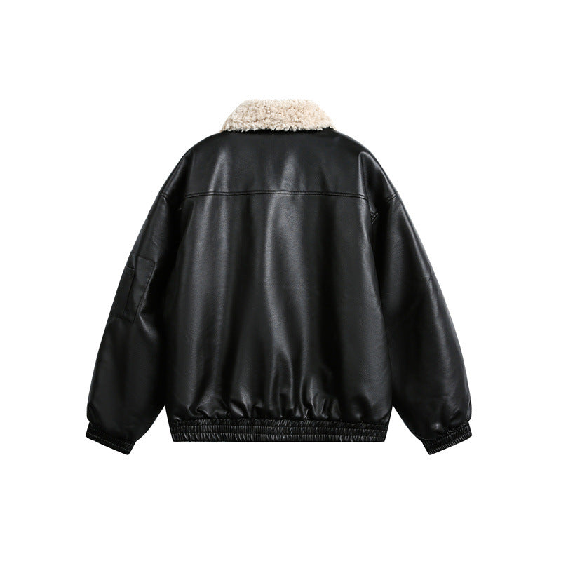 Men's aviator-inspired faux leather bomber jacket with teddy collar and sleeve utility pocket Chichicherry