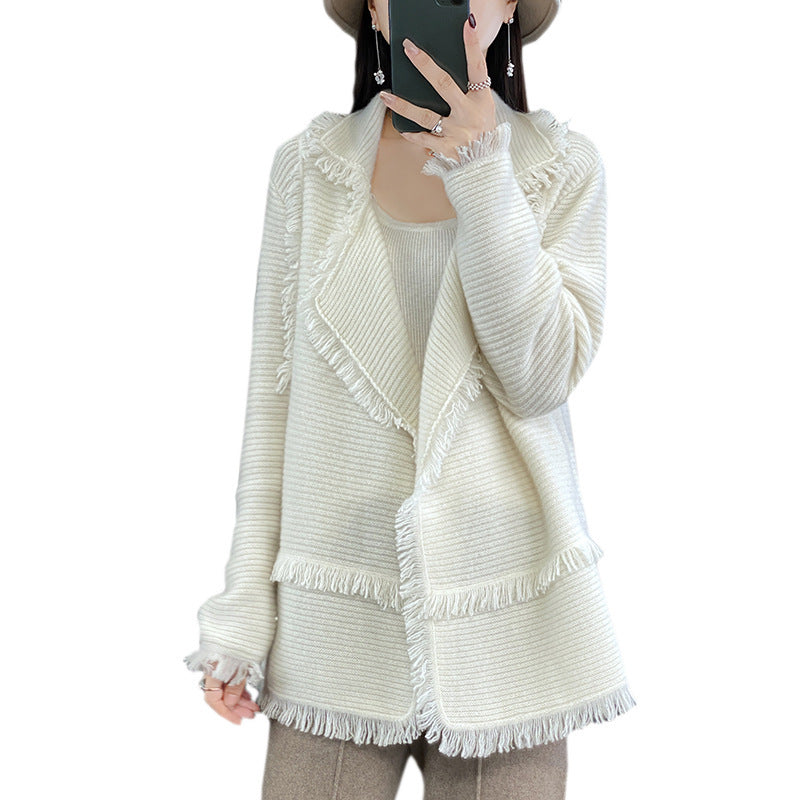 Women Long Fringe Knit Cardigan with Large Shawl Collar and Fine Rib Structure Chichicherry