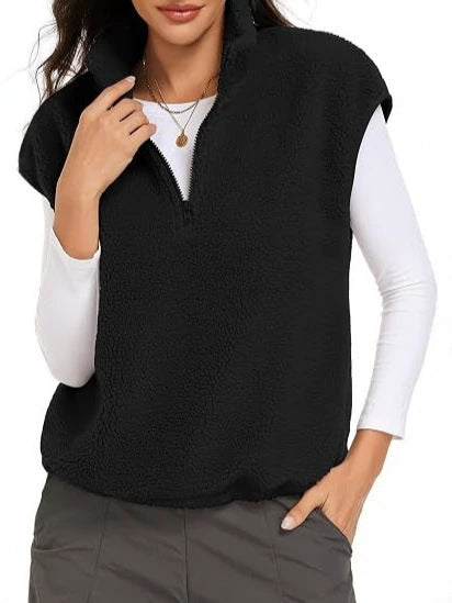 Women Sleeveless Teddy Fleece Vest with Half Zip and Stand Collar Chichicherry