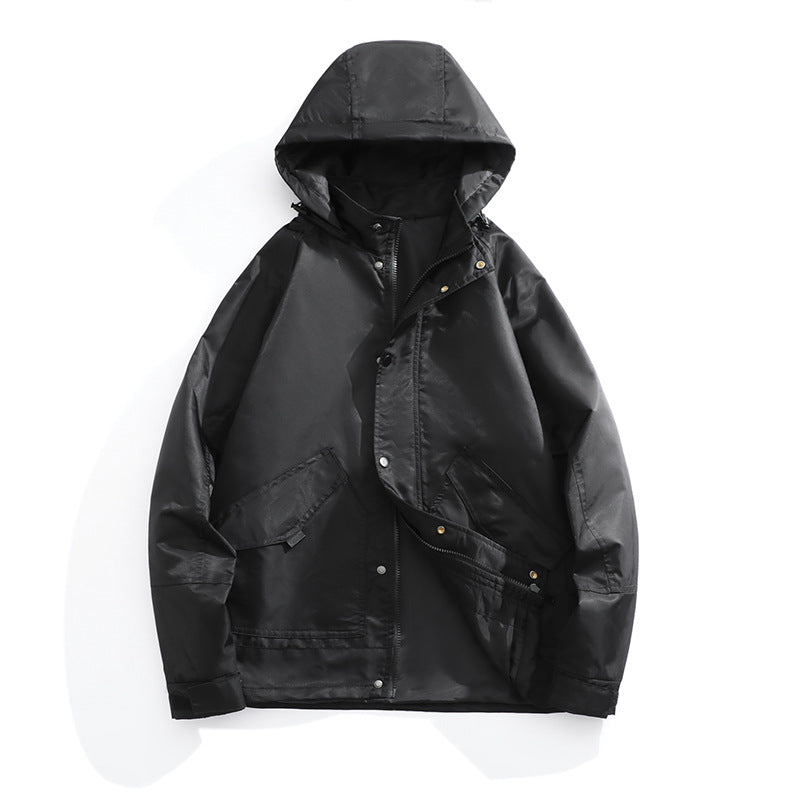 Men's Water-Repellent Hooded Jacket in Utility Style with Snap Button Placket and Flap Pockets Chichicherry