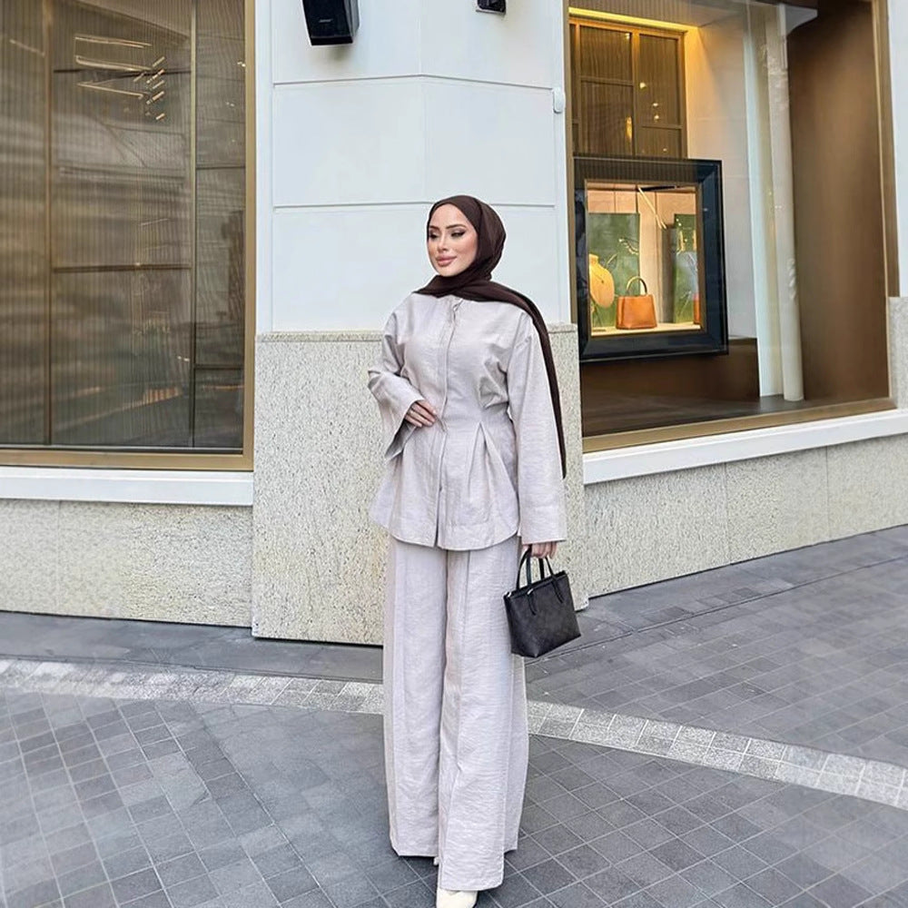 Ladies two-piece linen set with tailored pleat, wide leg and zip jacket Chichicherry