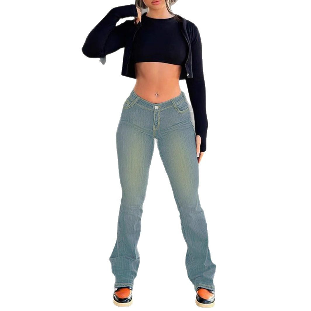 Women's waist-fitting stretch bootcut jeans with sculpting V waistband and extended hem Chichicherry