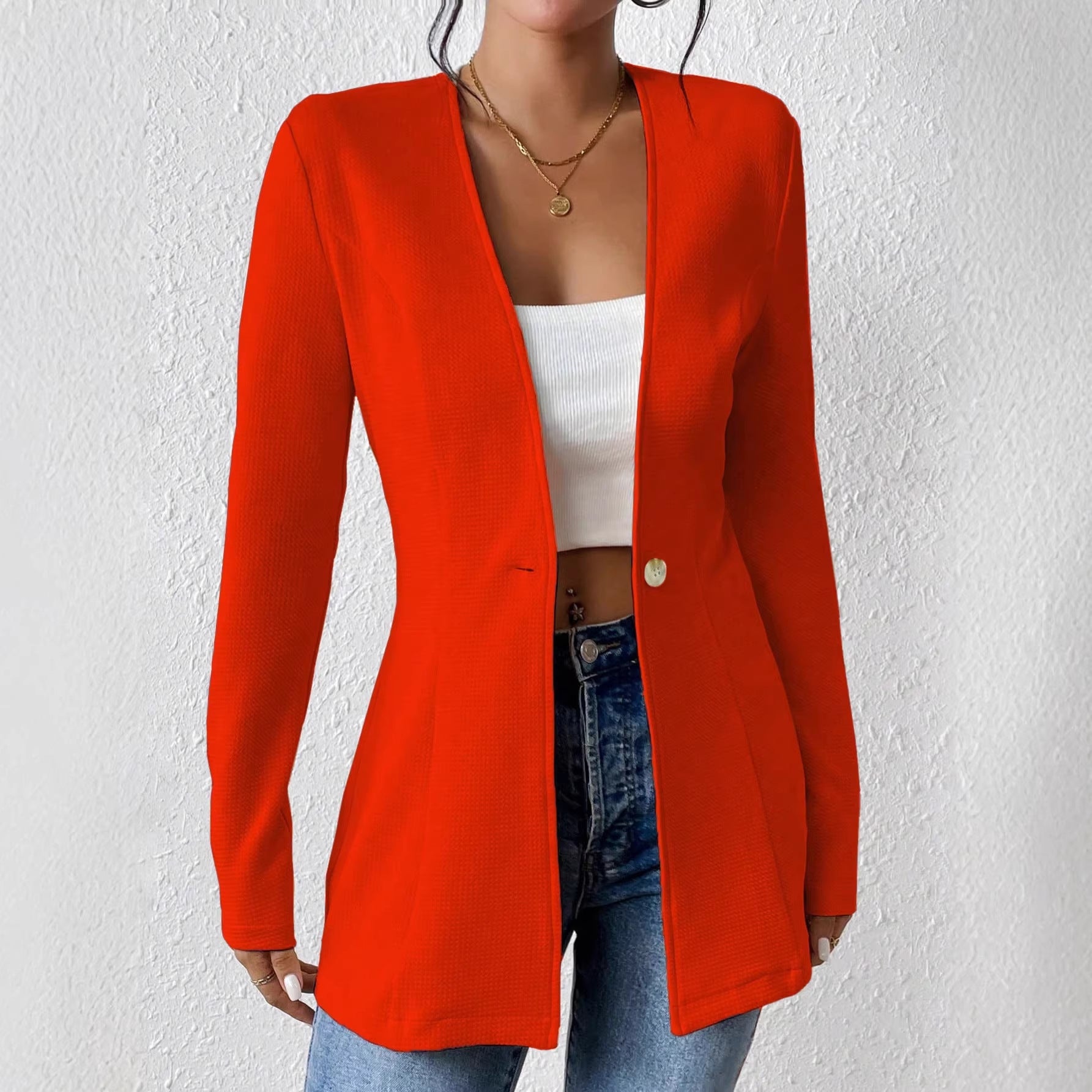 Ladies Tailored Long Blazer with V-Neck and One-Button Closure Chichicherry