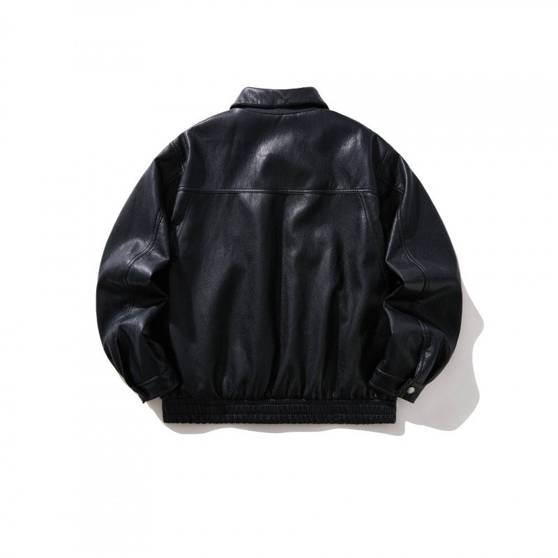Men's Short-Cut Faux Leather Bomber Jacket with Shirt Collar, Full Zipper and Elastic Hem Chichicherry