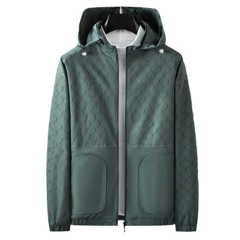 Men's Light Water-Repellent Hooded Outdoor Jacket with Allover Pattern and Large Pockets Chichicherry