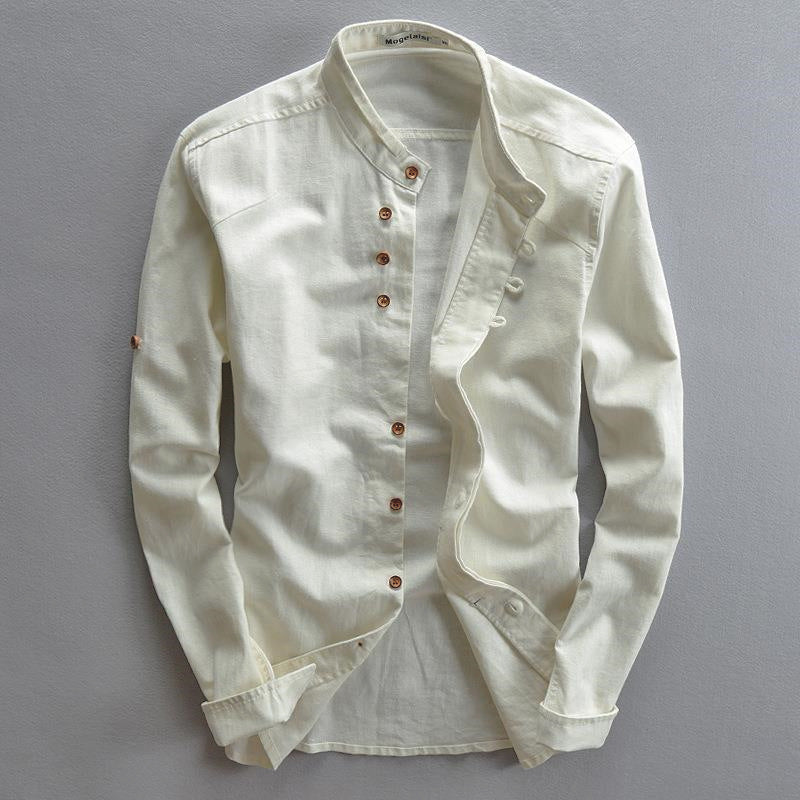 Men's Lightweight Cotton-Linen Overshirt with Stand Collar and Button Placket Detail Chichicherry