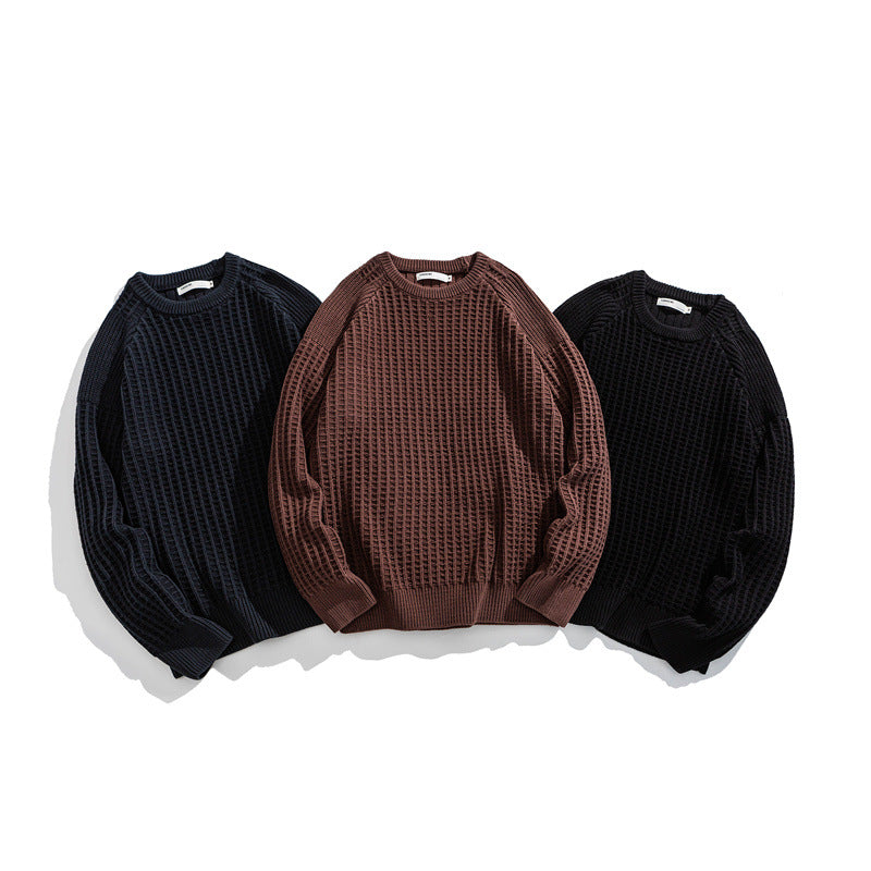 Men's Structured Waffle Knit Crew Neck Sweater with Raglan Sleeves Chichicherry