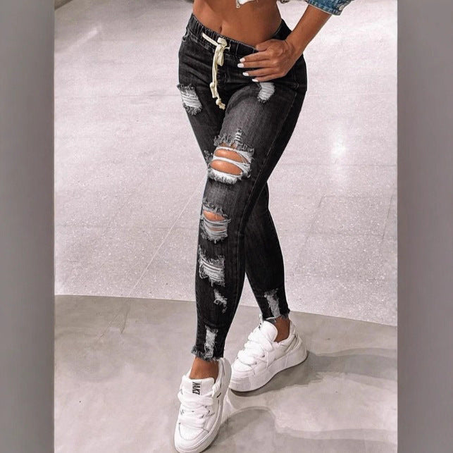 Women High-Waist Destroyed Denim-Jeggings with Drawstring and Raw Hem Chichicherry