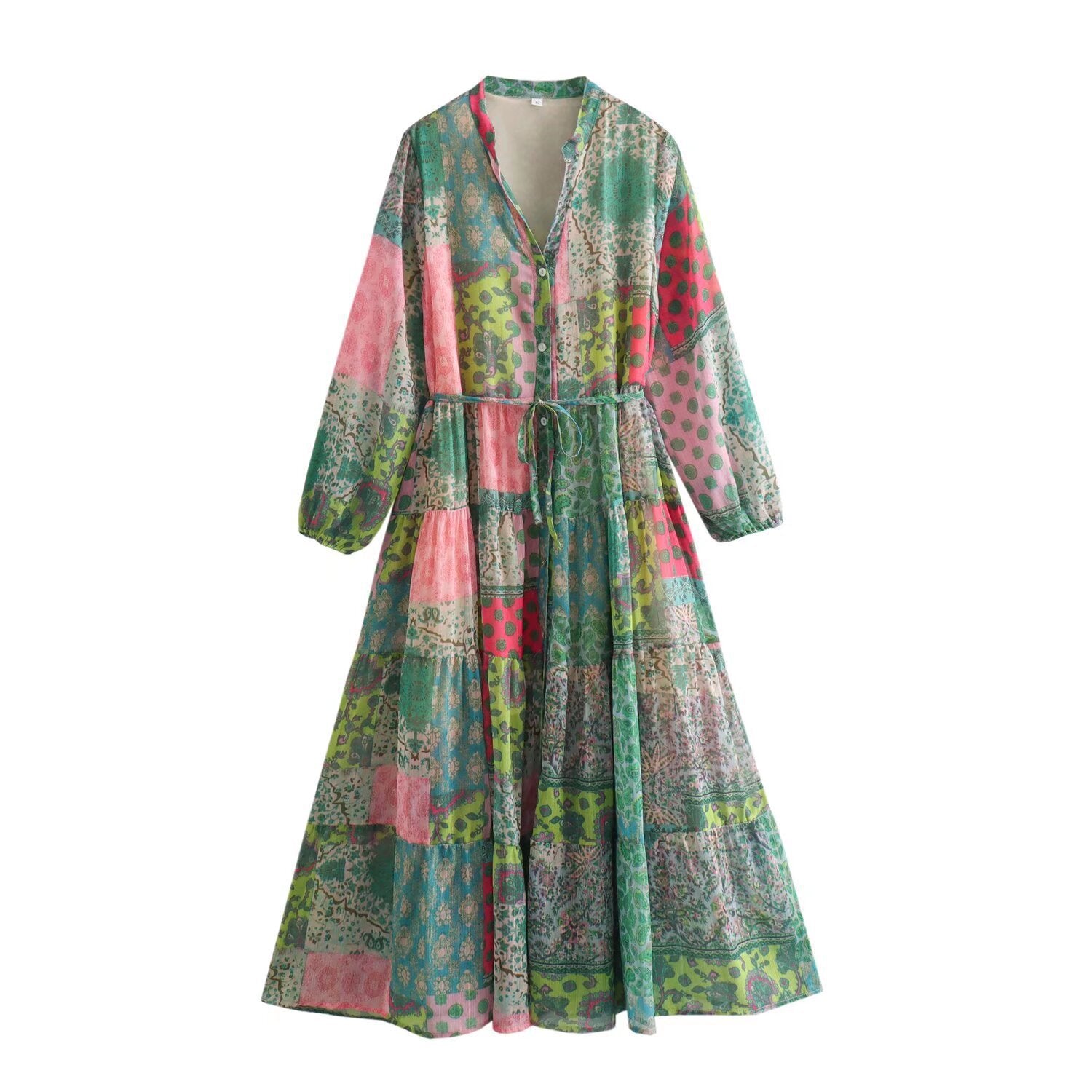 Women’s maxi dress with paisley print, V-neck, waist band and tiered skirt Chichicherry