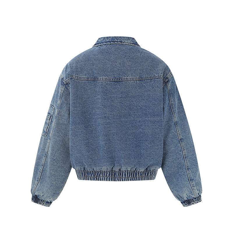 Unisex Boxy Denim Jacket with Full Zip, Elastic Hem and Sleeve Utility Pocket Chichicherry
