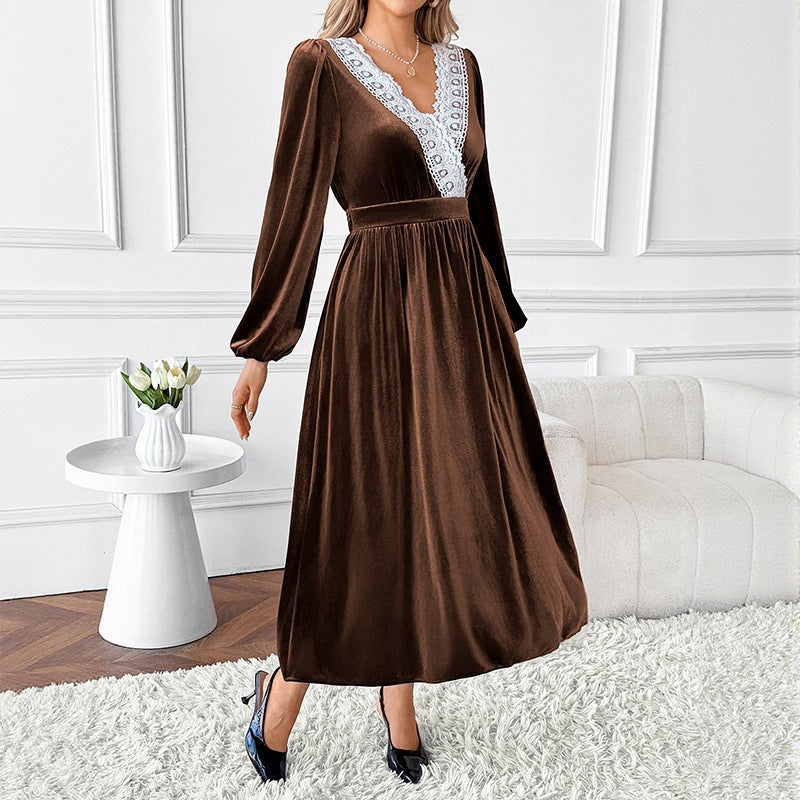 Ladies Elegant Velvet Dress with V-Neck, Lace Trim and Tailored Midi Length Chichicherry