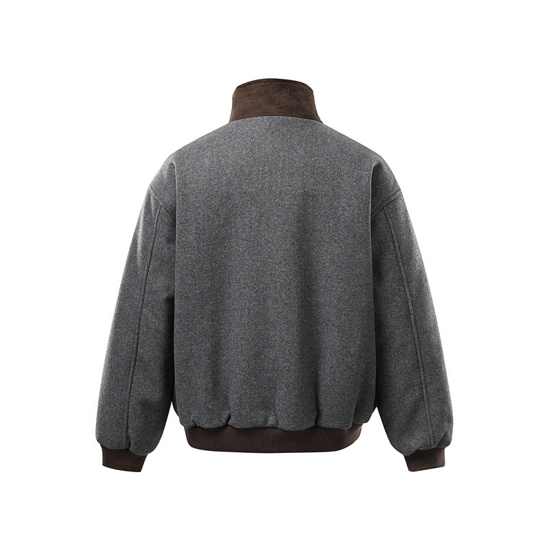 Men's short-cut boxy bomber made of wool blend with high buckle collar and velour trim Chichicherry