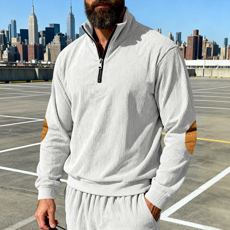 Men's cord structure half-zip pullover in relaxed fit with stand-up collar and elbow patch Chichicherry