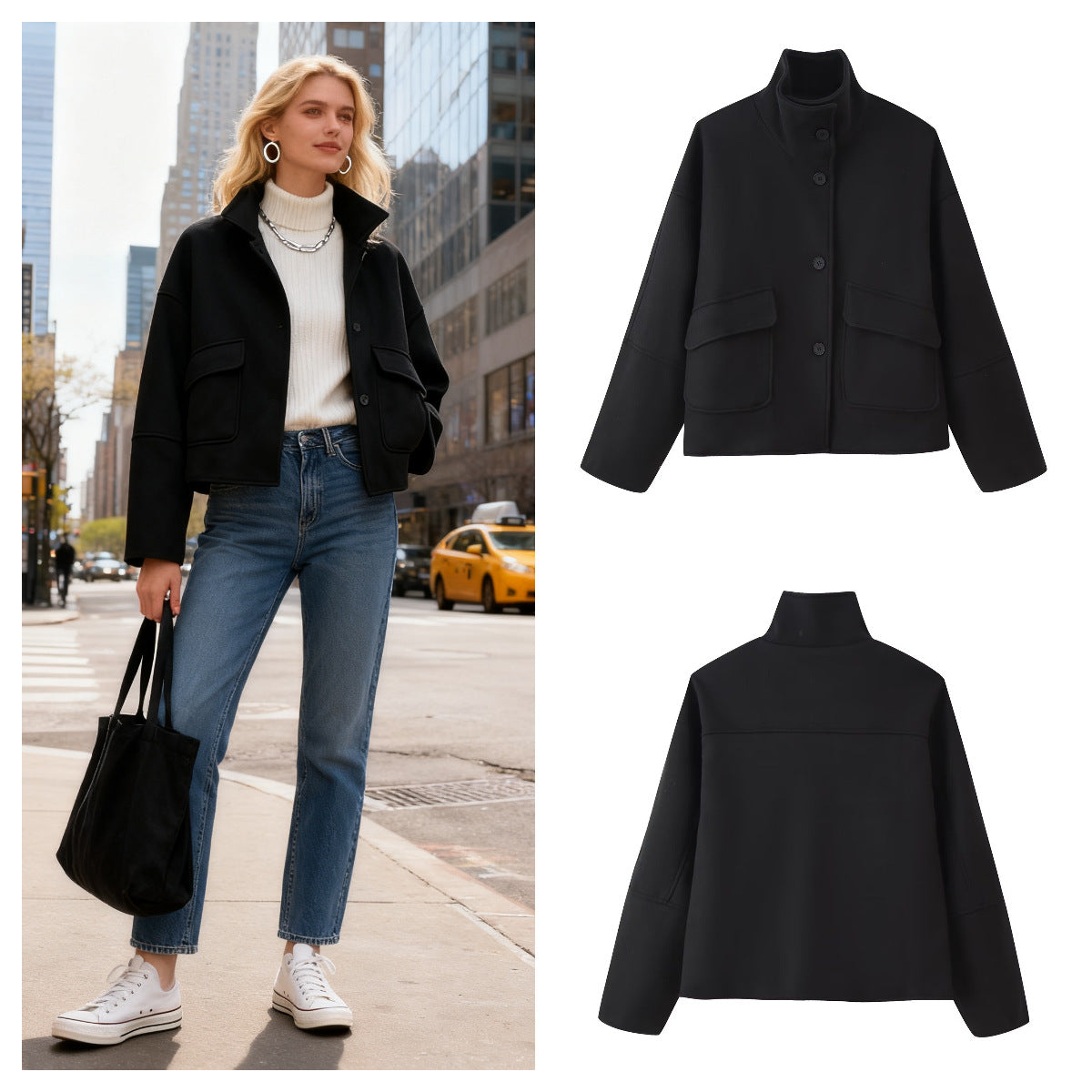 Women's Boxy Short Jacket made of Wool Blend with Stand-up Collar and Flap Pockets Chichicherry