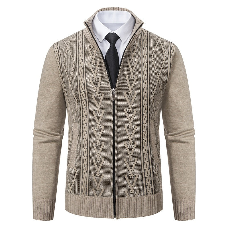 Men's fine-knit zip jacket with geometric jacquard pattern, stand-up collar and inset pockets Chichicherry
