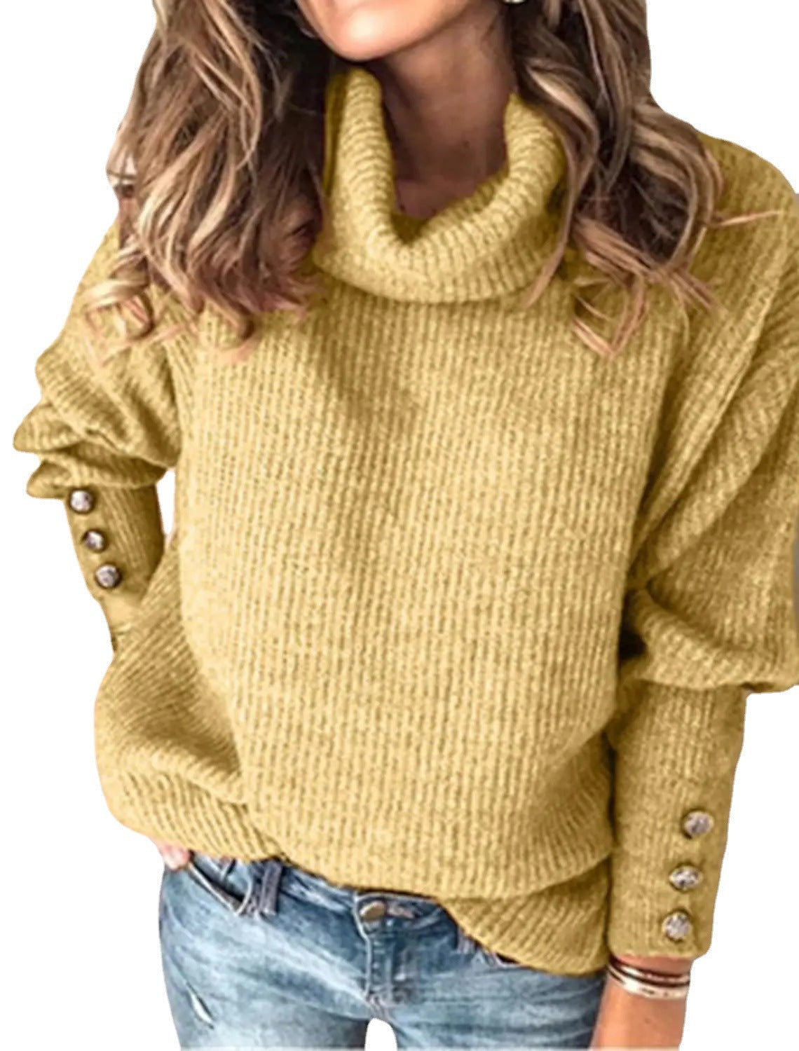Women Oversize Roll Neck Sweater with Textured Knit and Decorative Buttons Chichicherry