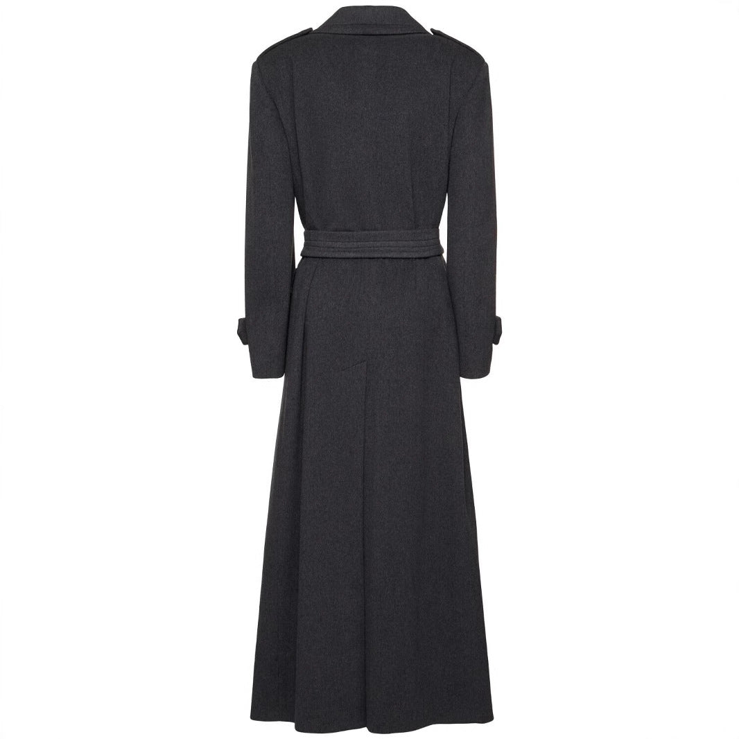 Women Long Double-Breasted Wool Coat with Waist Belt Chichicherry