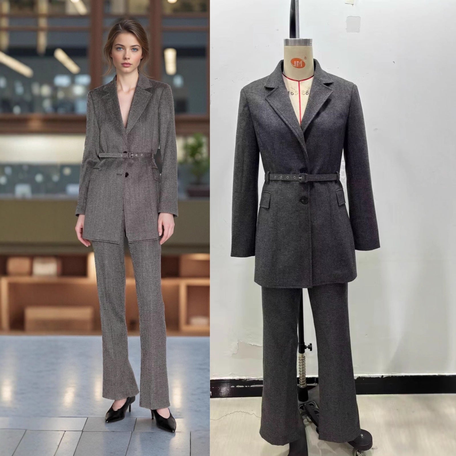 Women Straight Cut Suit Trousers with High Waist and Crease Chichicherry