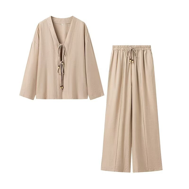 Women Two-Piece Lightweight Lounge Set with V-Neck, Drawstring Pants and Wide Leg Chichicherry