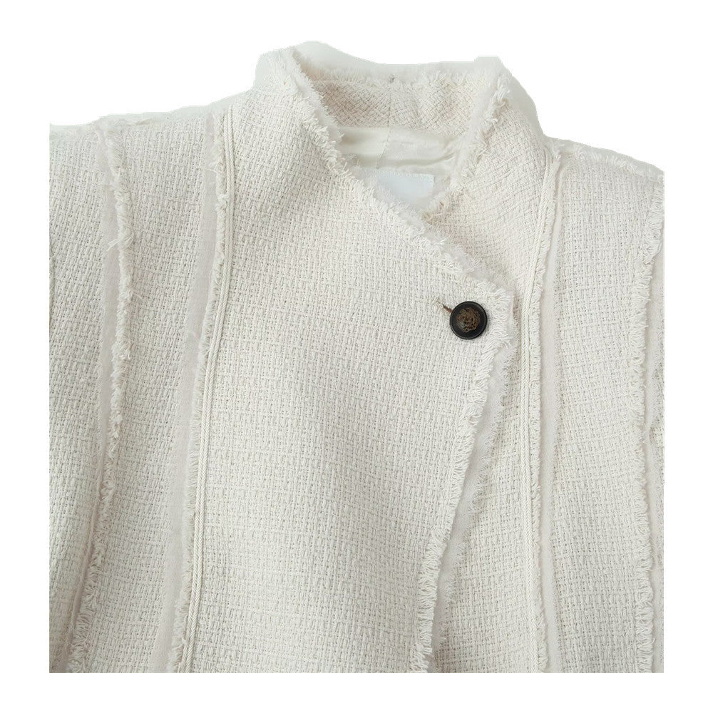 Women Boucle Blazer with Stand Collar, Asymmetrical Closure and Fringed Hem Chichicherry