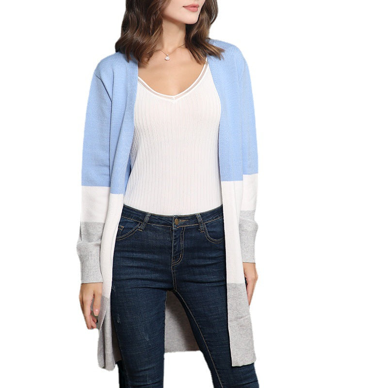 Women's long cardigan with color block design, open front and ribbed cuffs Chichicherry