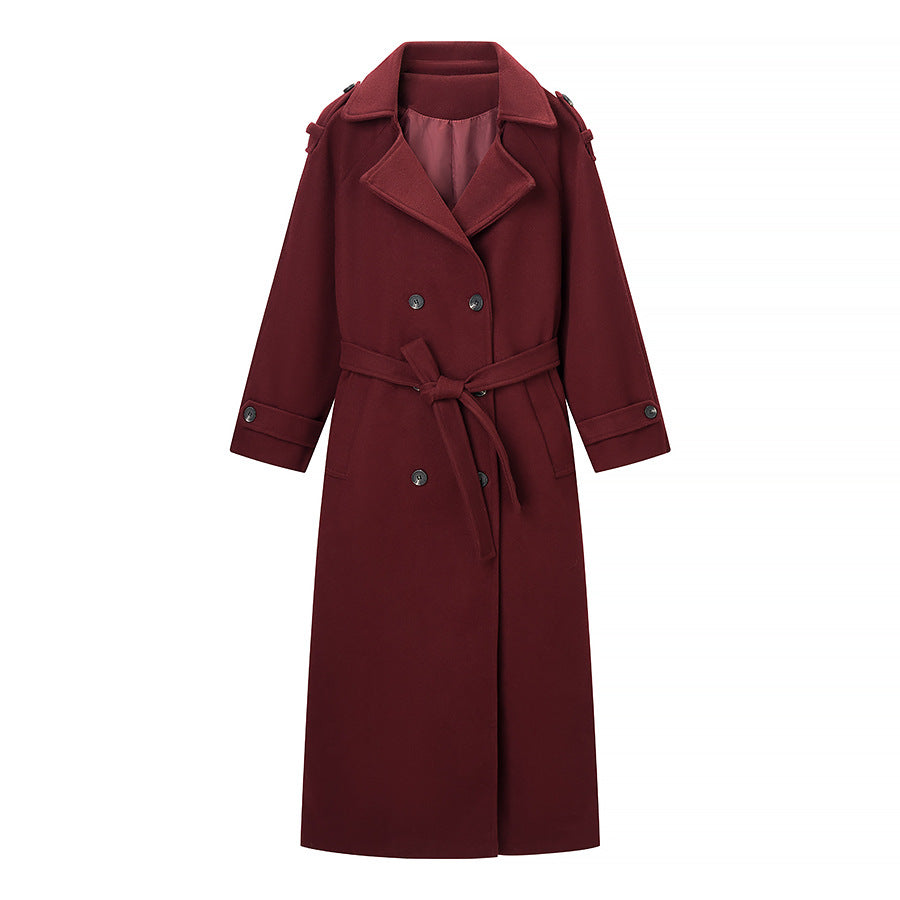 Women Maxilength Wool Blend Trench Coat with Shoulder Yoke, Tie Belt and Roll-Up Sleeves Chichicherry