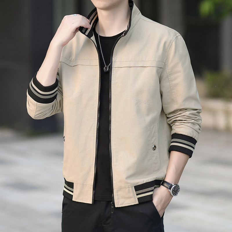 Men's modern canvas bomber jacket in worker style with striped ribbed cuffs and zipper Chichicherry