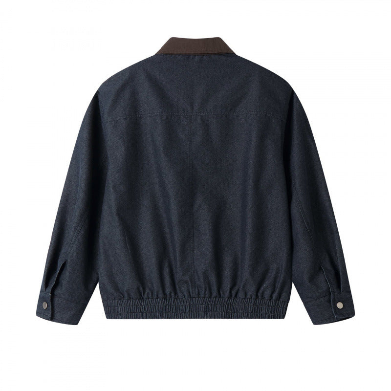 Men's short canvas jacket with corduroy collar, chest zipper, and elastic hem Chichicherry
