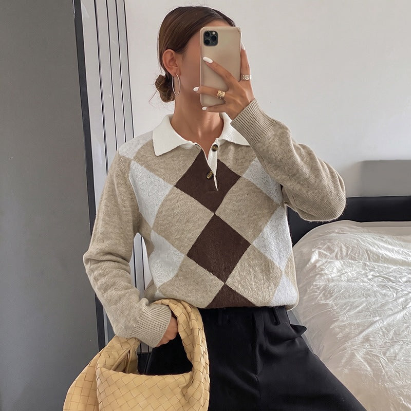Women's Argyle Polo Knit Sweater with Contrast Collar and Decorative Button Chichicherry