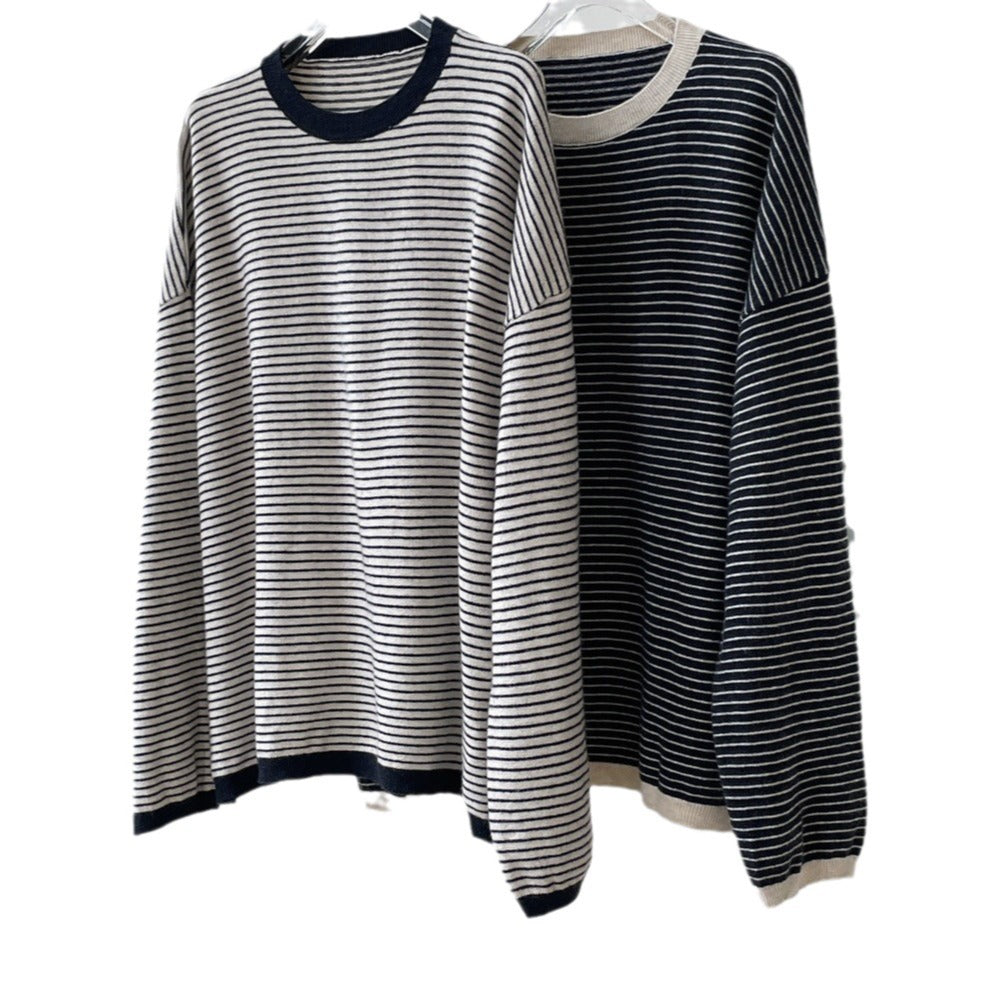 Women's Striped Fine Knit Sweater with Dropped Shoulder and Ribbed Collar Chichicherry