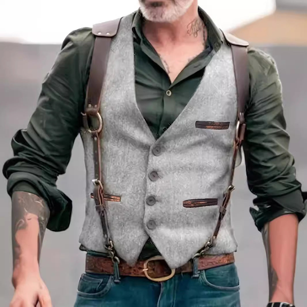 Herren Tweed‑Weste mit Lederträgern und Vintage‑Details Chichicherry