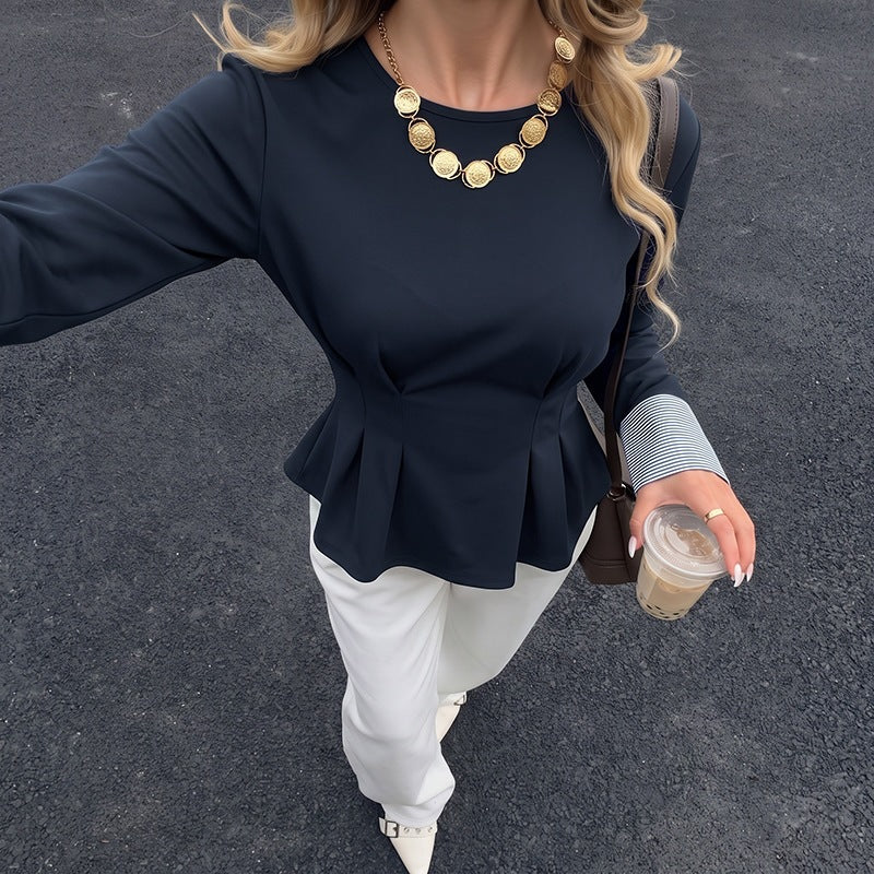 Women's Tailored Peplum Top with Pleats, Round Neckline and Contrast Cuffs Chichicherry