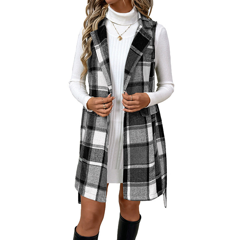 Women's Long Checkered Coat-Gilet with Lapels, Waist Belt and Patch Pockets Chichicherry