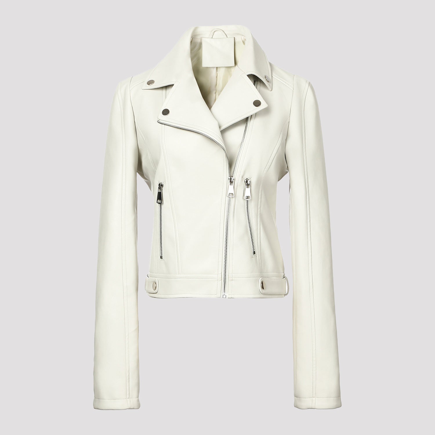 Women short fitted biker jacket made of Nappa leather with asymmetrical zipper Chichicherry