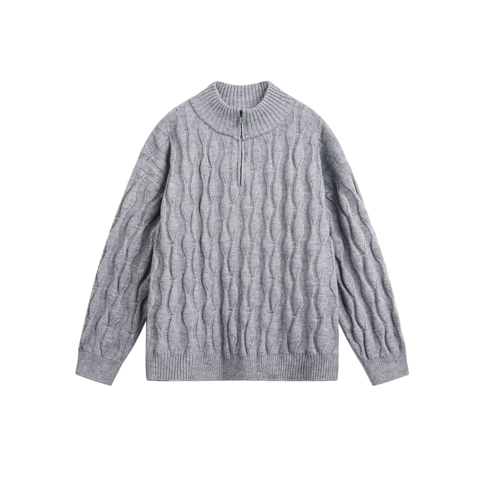 Unisex Chunky Knit Halfzip Sweater with Cable Pattern and Stand-up Collar Chichicherry