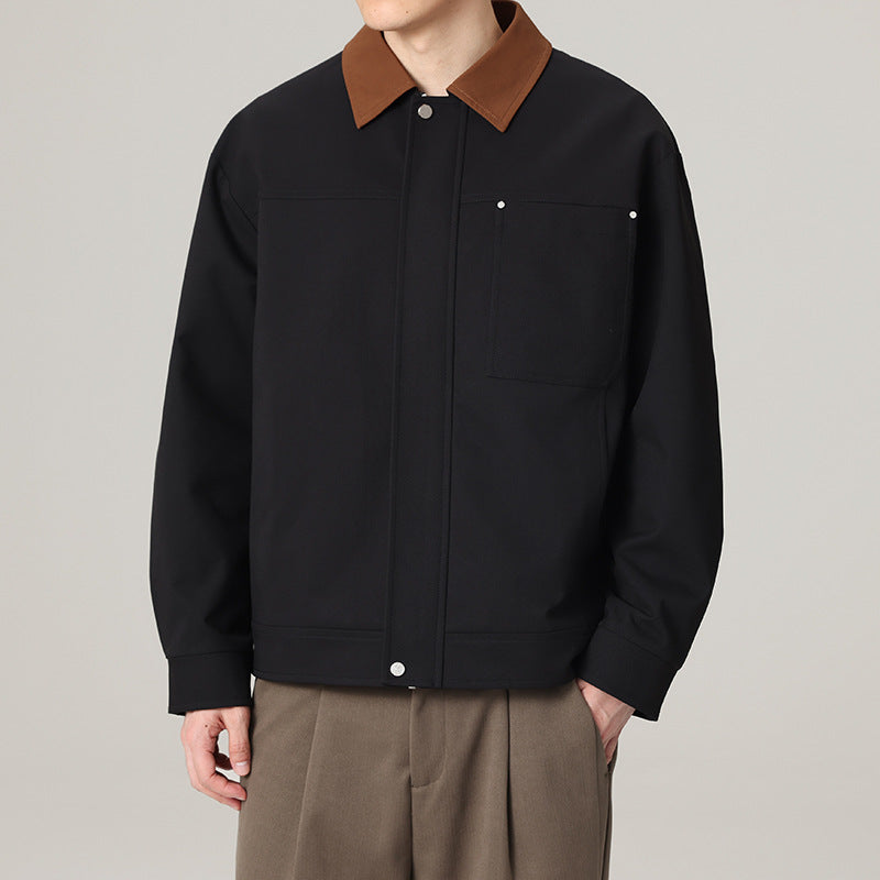 Men's short jacket in workwear look with contrast collar, concealed zipper, and chest pocket Chichicherry